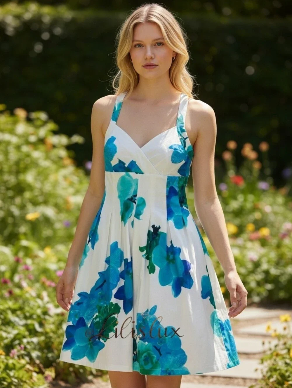 Calvin Klein White Blue And Green V Neck Fit And Flare Dress Size 10